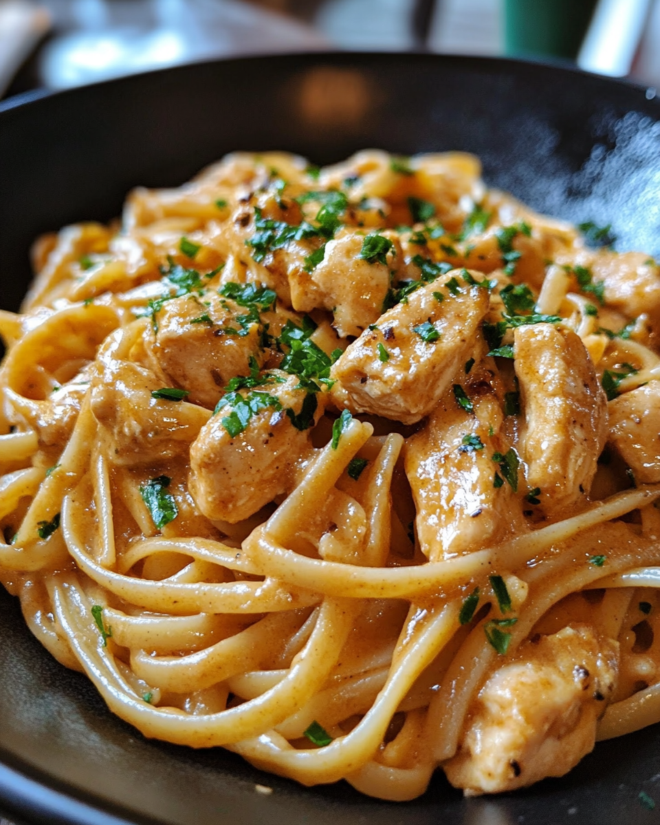 Creamy plated Cowboy Butter Chicken Linguine with garnish