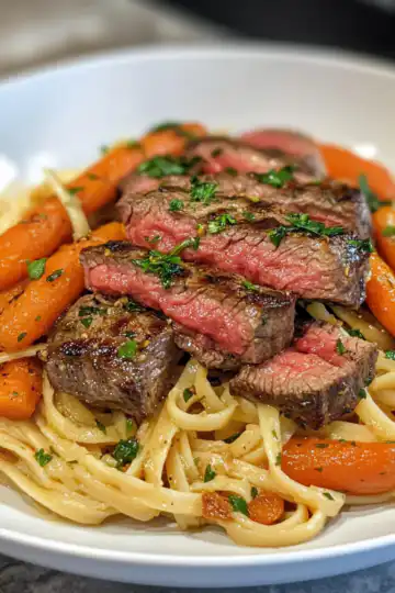 Cowboy Butter Steak Linguine With Roasted Carrots Parsley taken with iphone 15 pro max --iw 2 --ar 4:5 --v 6.1 --raw