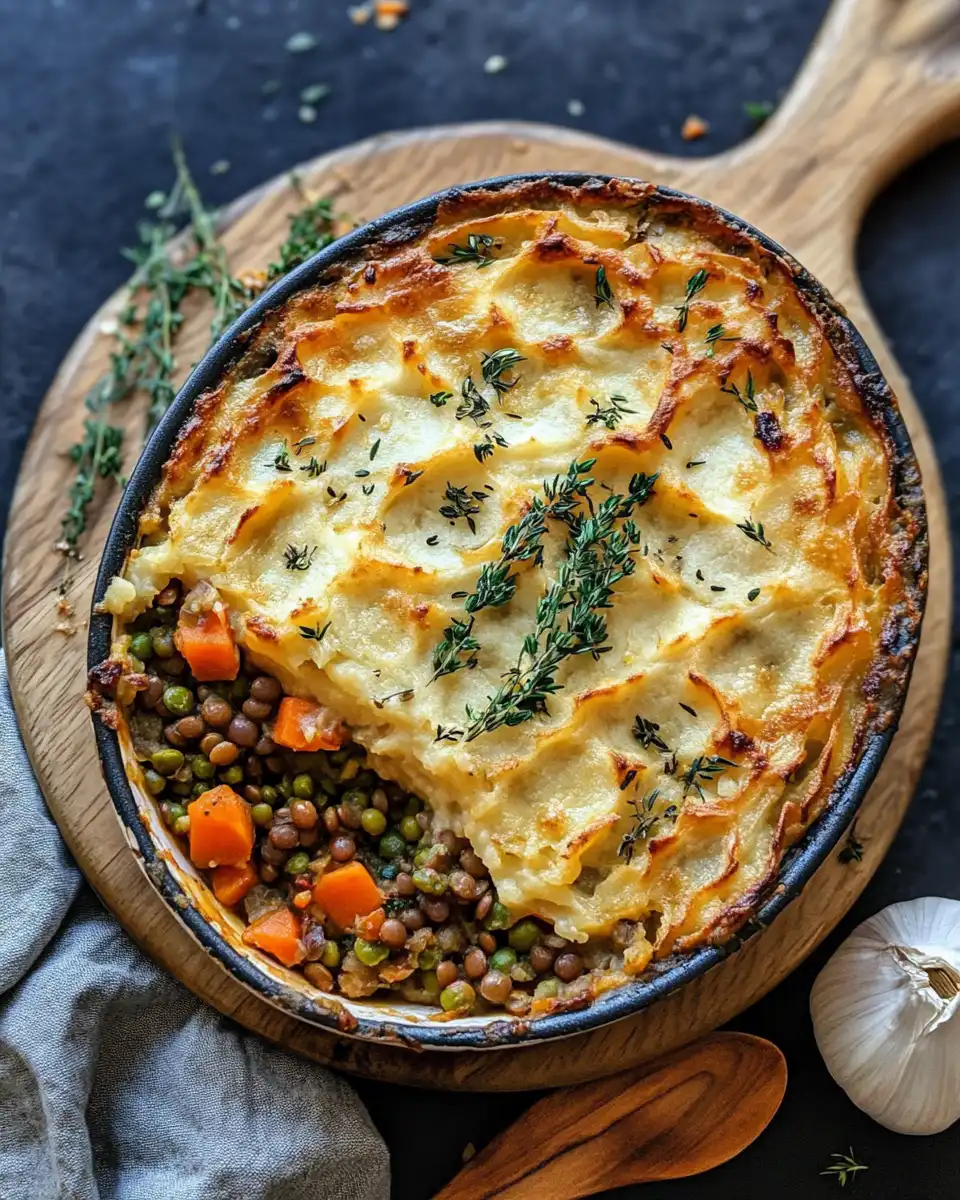 Served vegan lentil mushroom shepherd’s pie with golden mashed potato topping