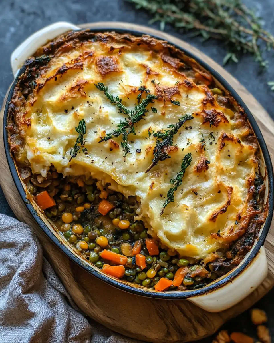 Cozy fall vegan lentil mushroom shepherd’s pie casserole in a baking dish