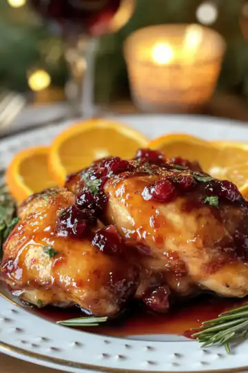 Cranberry Orange Glazed Chicken taken with iphone 15 pro max --iw 2 --ar 4:5 --v 6.1 --raw