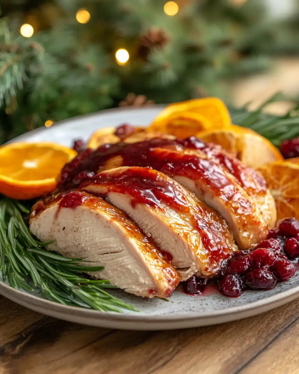 Finished cranberry orange glazed turkey ready to be served with garnishes
