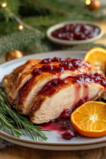 Cranberry Orange Glazed Turkey Breast recipe taken with iphone 15 pro max --iw 2 --ar 4:5 --v 6.1 --raw