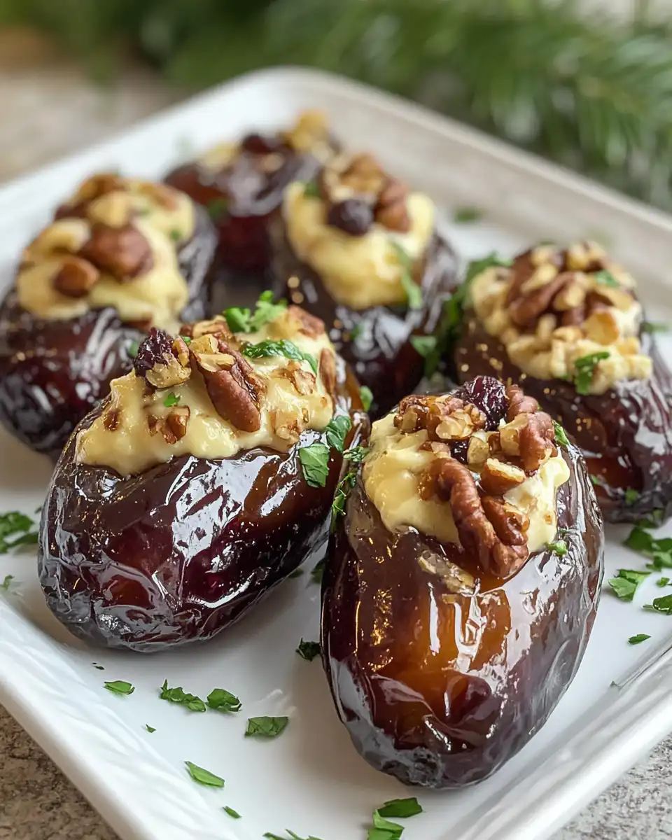 Filling and arranging cream cheese stuffed dates with pecans on parchment-lined baking sheet
