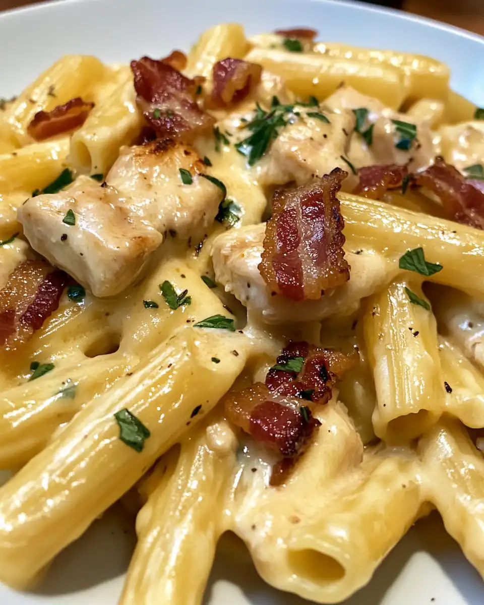 Ingredients for creamy chicken bacon pasta including bacon, chicken, garlic, and herbs