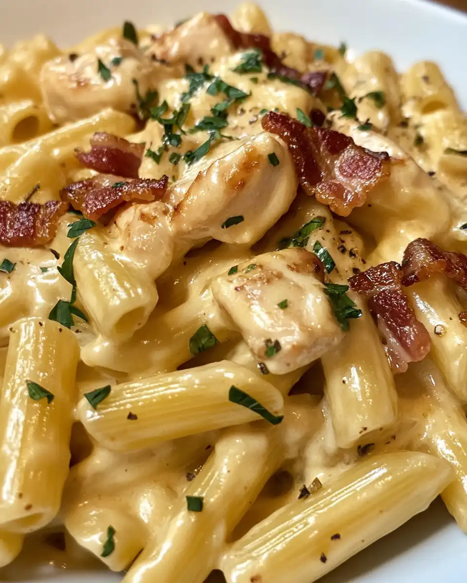 Cream cheese melting into chicken mixture for creamy pasta sauce
