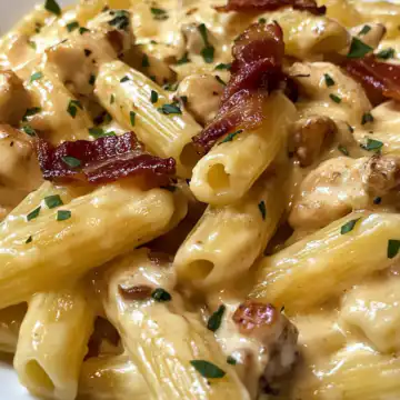 Cream Cheese Bacon Chicken Pasta taken with iphone 15 pro max --iw 2 --ar 4:5 --v 6.1 --raw