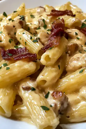 Cream Cheese Bacon Chicken Pasta taken with iphone 15 pro max --iw 2 --ar 4:5 --v 6.1 --raw