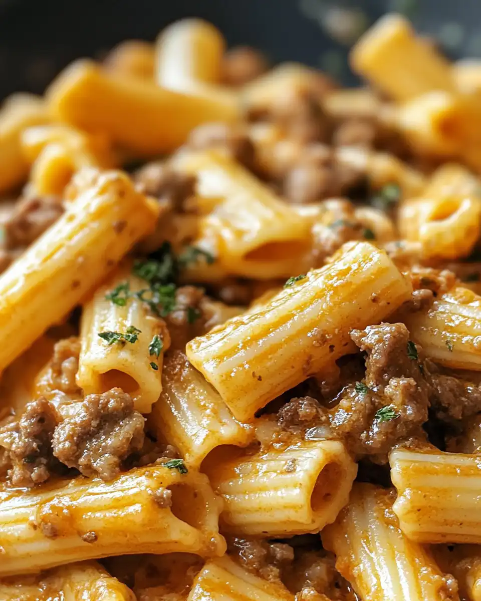 Ingredients for creamy beef pasta including ground beef, pasta shells, cheddar cheese and broth