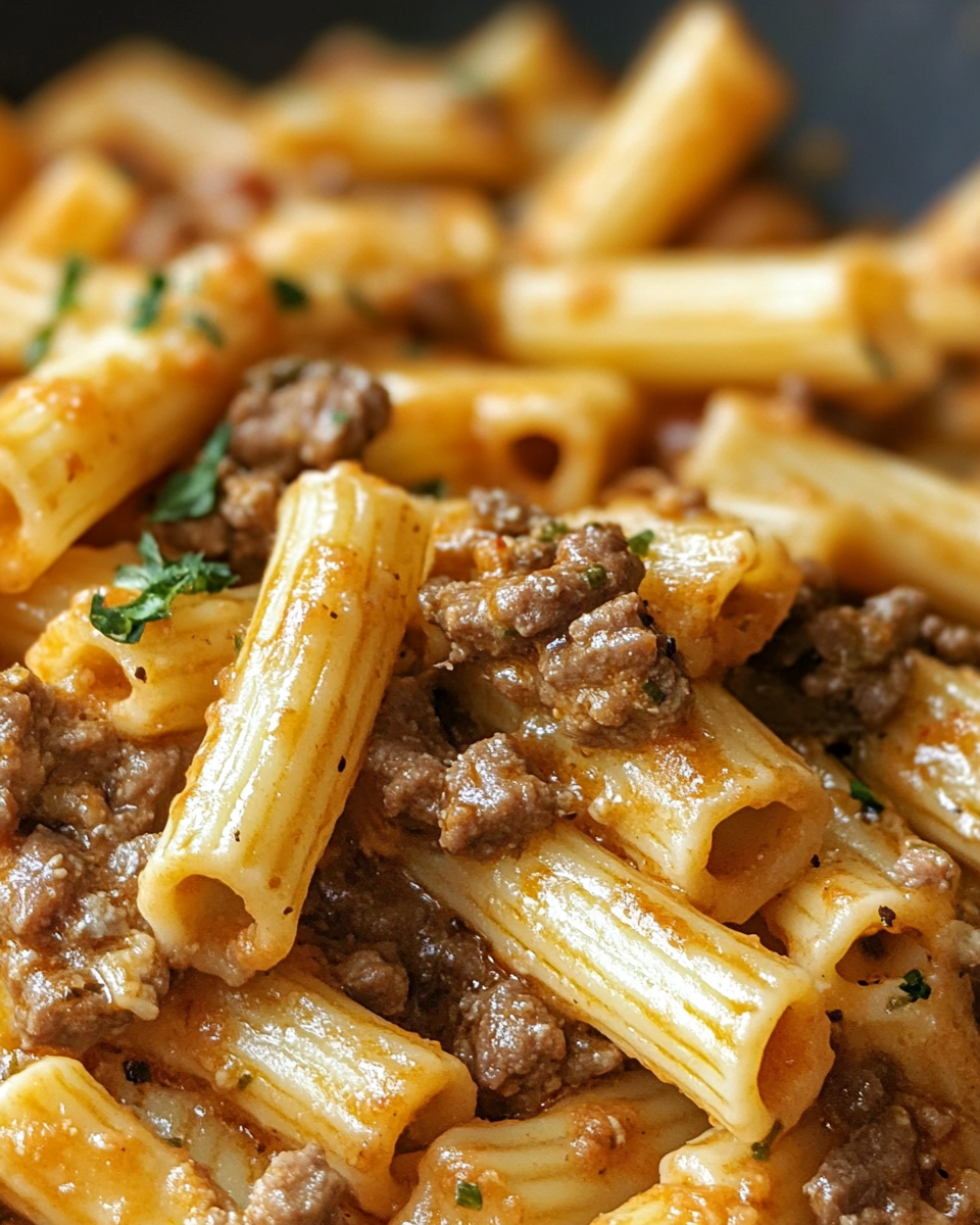 Cooking creamy beef pasta with beef broth and tomato sauce simmering