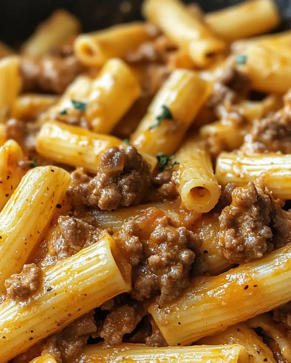 Creamy beef pasta simmering in pot with tomato and beef broth aroma