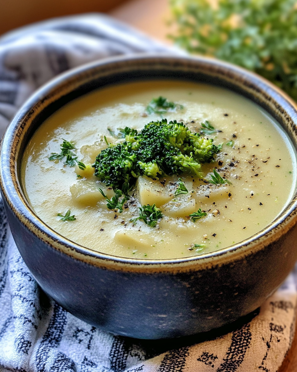 Steaming pot of creamy broccoli and potato soup in pressure cooker