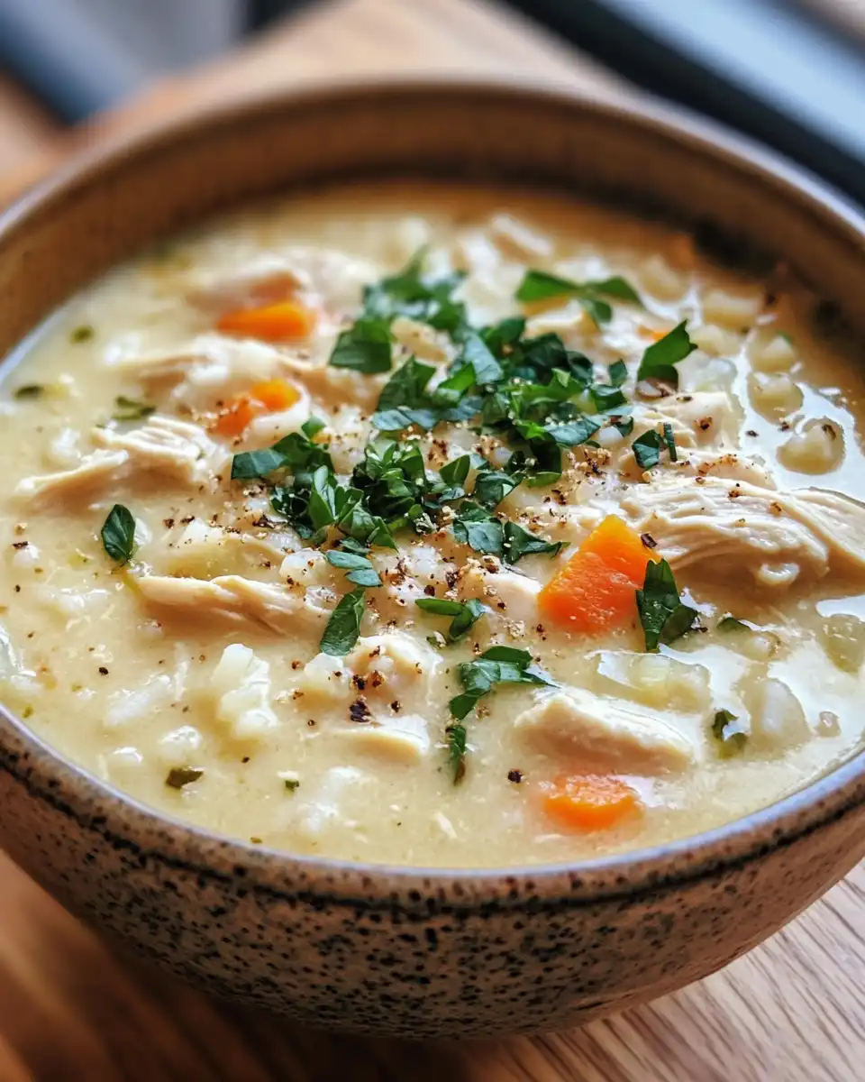 Fresh ingredients for creamy chicken and rice soup on a kitchen counter