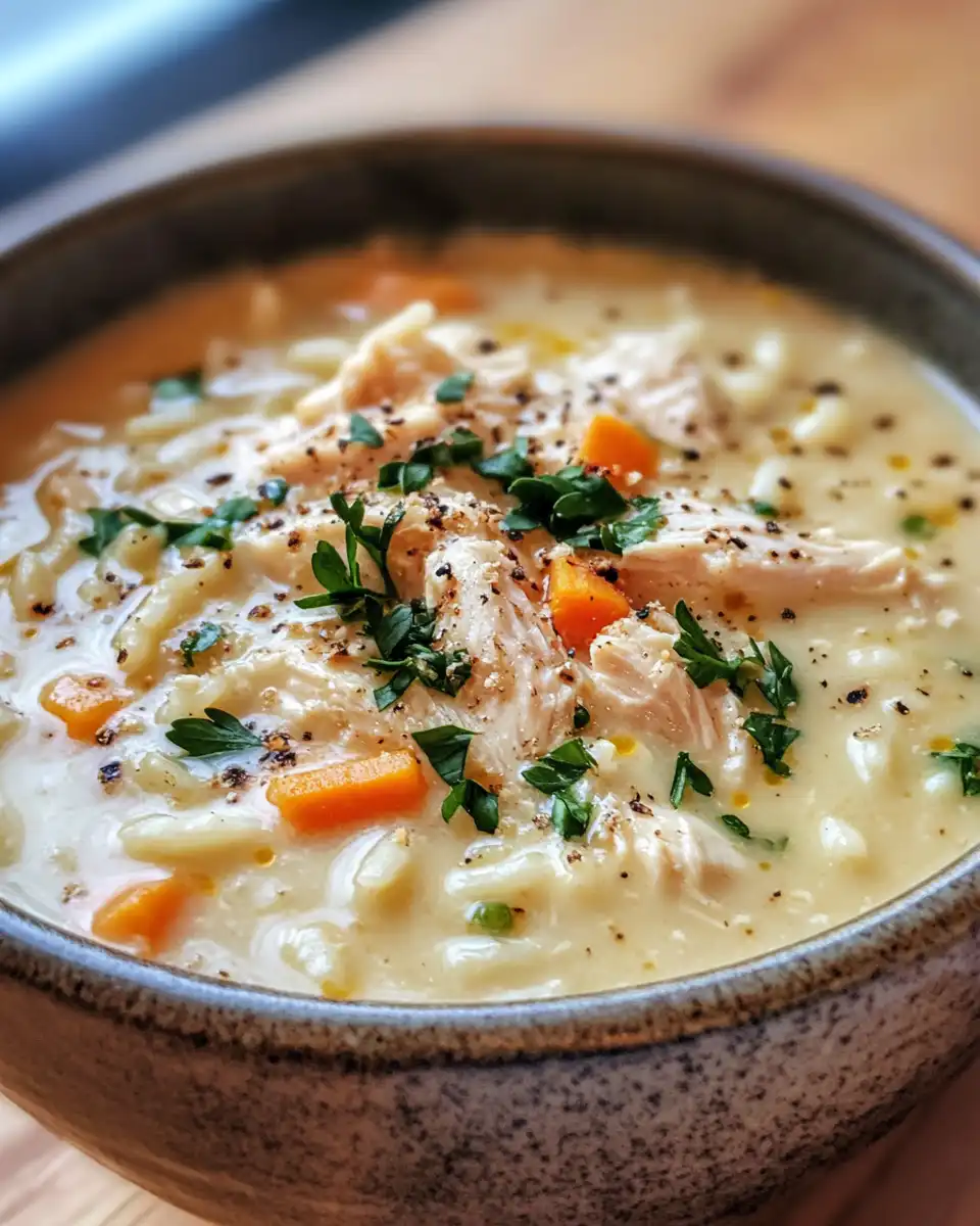 Bowl of creamy chicken and rice soup garnished with thyme and black pepper