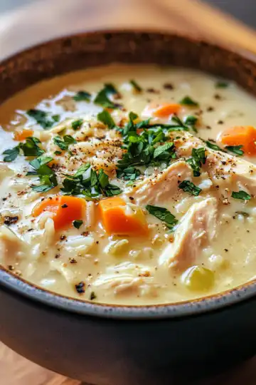 Creamy Chicken And Rice Soup taken with iphone 15 pro max --iw 2 --ar 4:5 --v 6.1 --raw