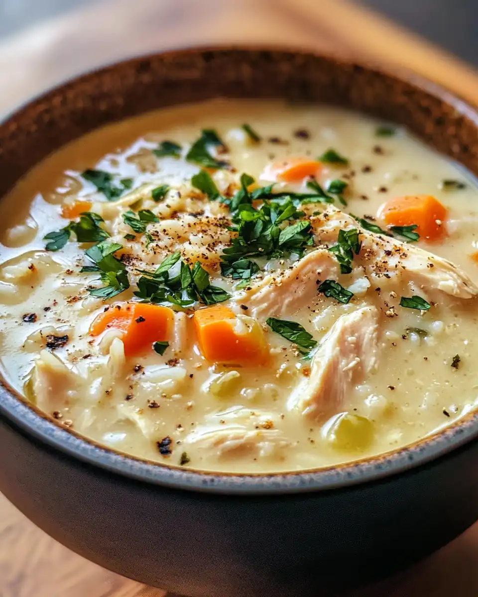 Steam rising from creamy chicken and rice soup in pressure cooker