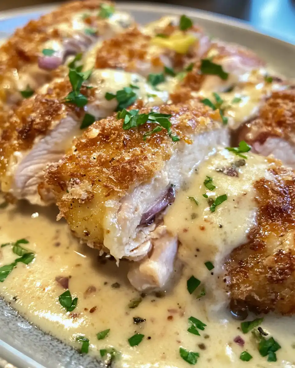 Close-up of serving creamy chicken cordon bleu drizzled with Dijon sauce