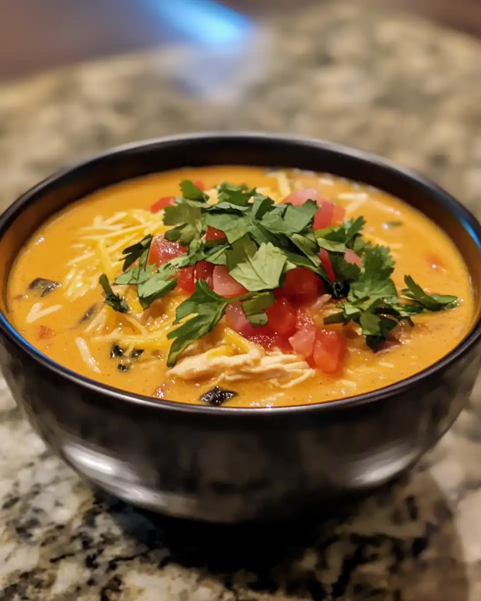 Bowl of creamy chicken enchilada soup topped with melted cheese and cilantro