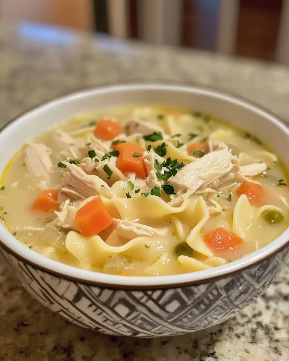 Serving bowl of creamy chicken noodle soup with fresh parsley garnish