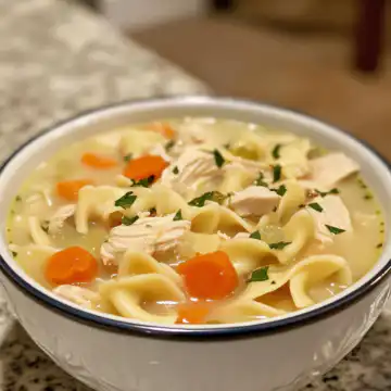 Creamy Chicken Noodle Soup taken with iphone 15 pro max --iw 2 --ar 4:5 --v 6.1 --raw