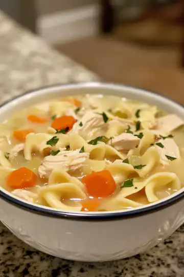 Creamy Chicken Noodle Soup taken with iphone 15 pro max --iw 2 --ar 4:5 --v 6.1 --raw