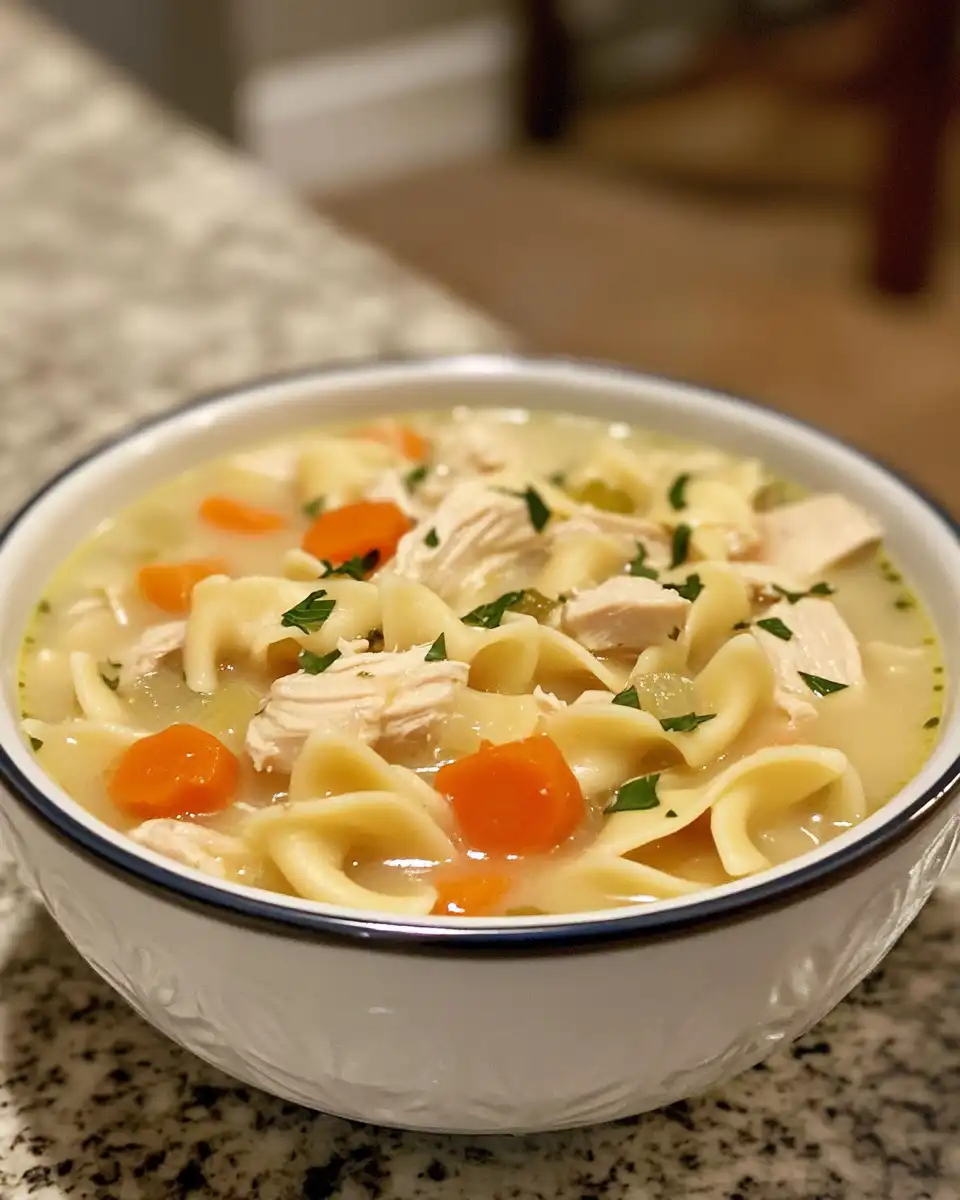 Close-up of creamy chicken noodle soup in a bowl