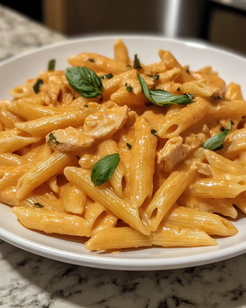 Chicken slices added to creamy penne alla vodka sauce in pressure cooker