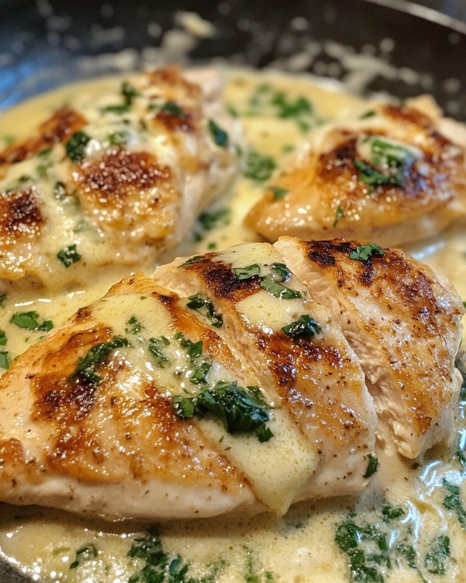 Ingredients for creamy garlic chicken including chicken breasts, garlic, and cream