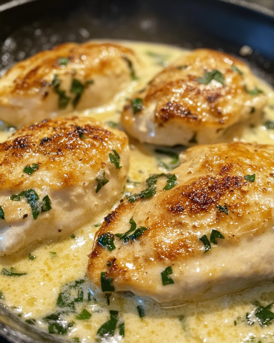 Creamy garlic chicken plated and ready to serve