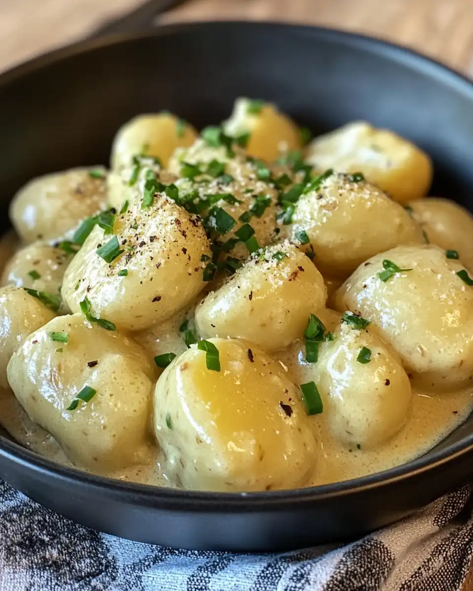 Finished creamy garlic sauce baby potatoes served on plate