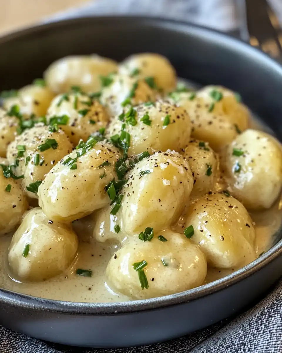 Creamy garlic sauce bubbling around tender baby potatoes in pot