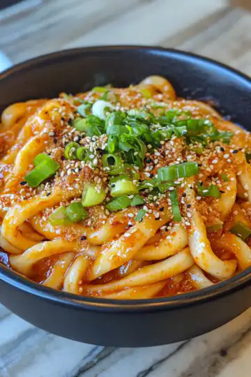 Creamy Gochujang Udon Noodles taken with iphone 15 pro max --iw 2 --ar 4:5 --v 6.1 --raw