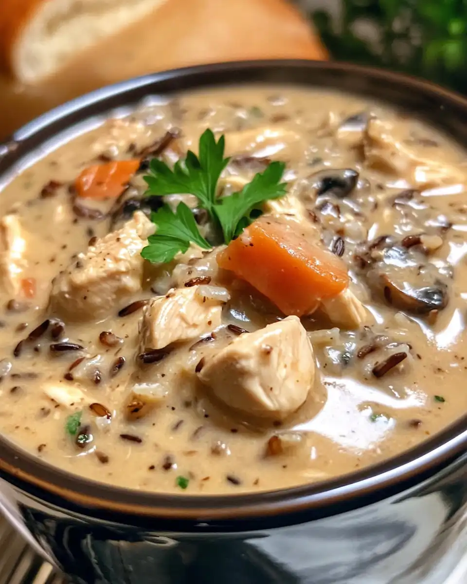Ingredients for creamy wild rice chicken soup displayed with fresh vegetables and herbs
