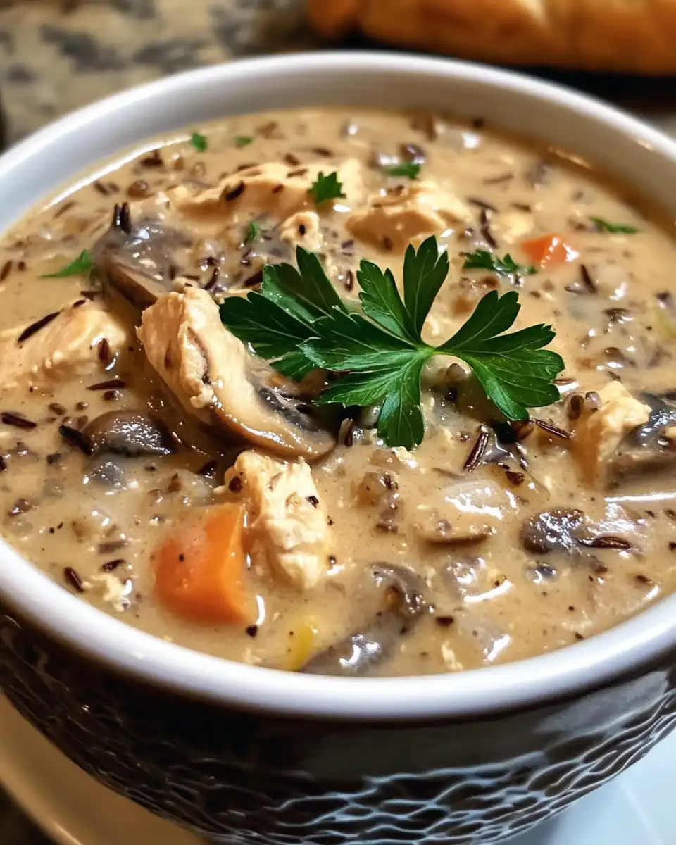 Creamy wild rice chicken soup served with roasted mushrooms on top, ready to eat