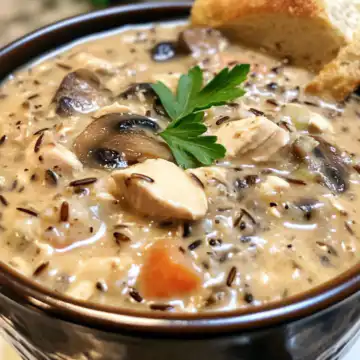 Creamy Mushroom Chicken And Wild Rice Soup taken with iphone 15 pro max --iw 2 --ar 4:5 --v 6.1 --raw