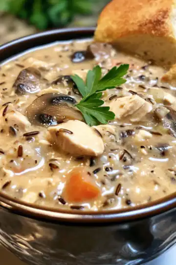 Creamy Mushroom Chicken And Wild Rice Soup taken with iphone 15 pro max --iw 2 --ar 4:5 --v 6.1 --raw