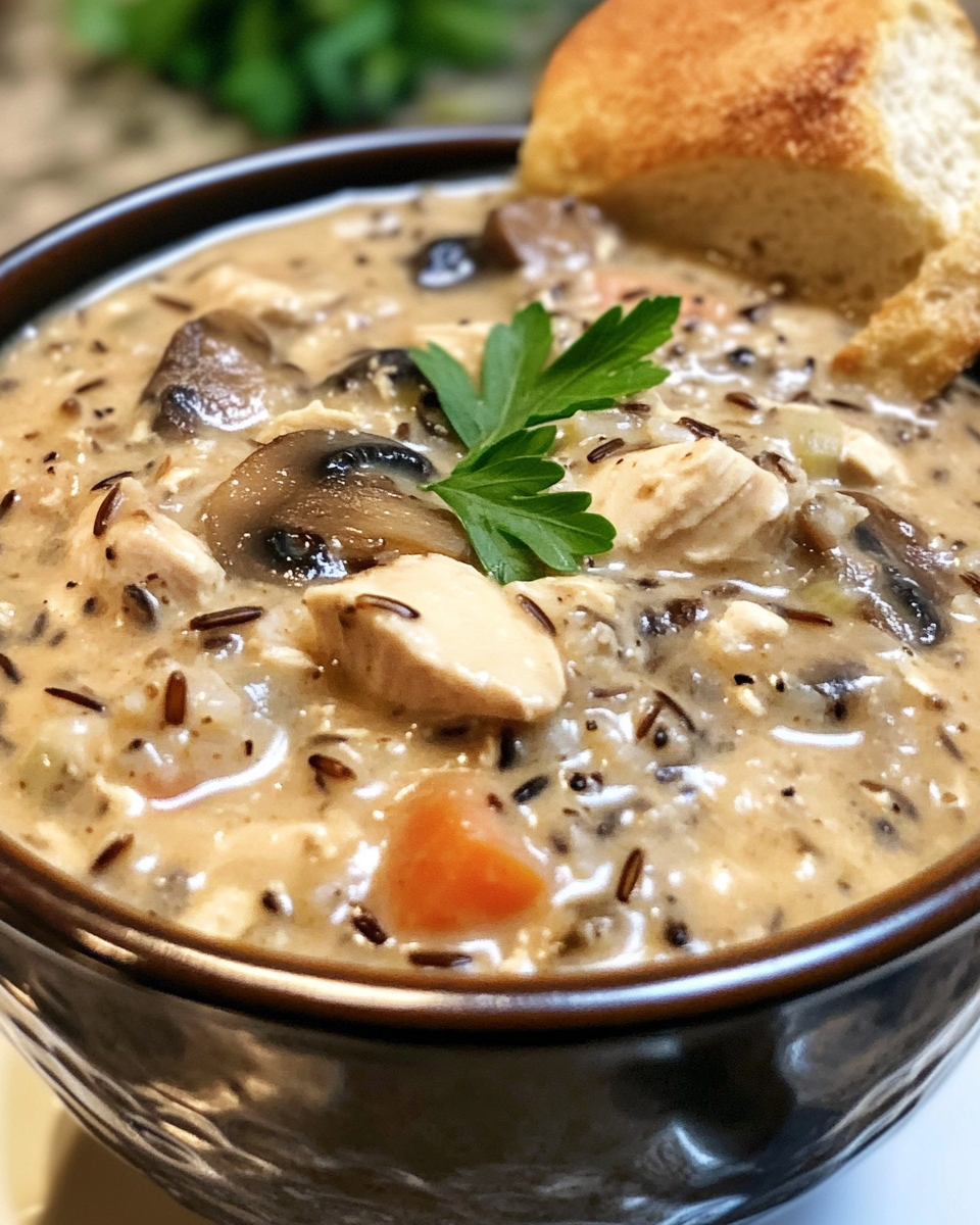 Creamy wild rice chicken soup steaming in a bowl, aromatic and inviting