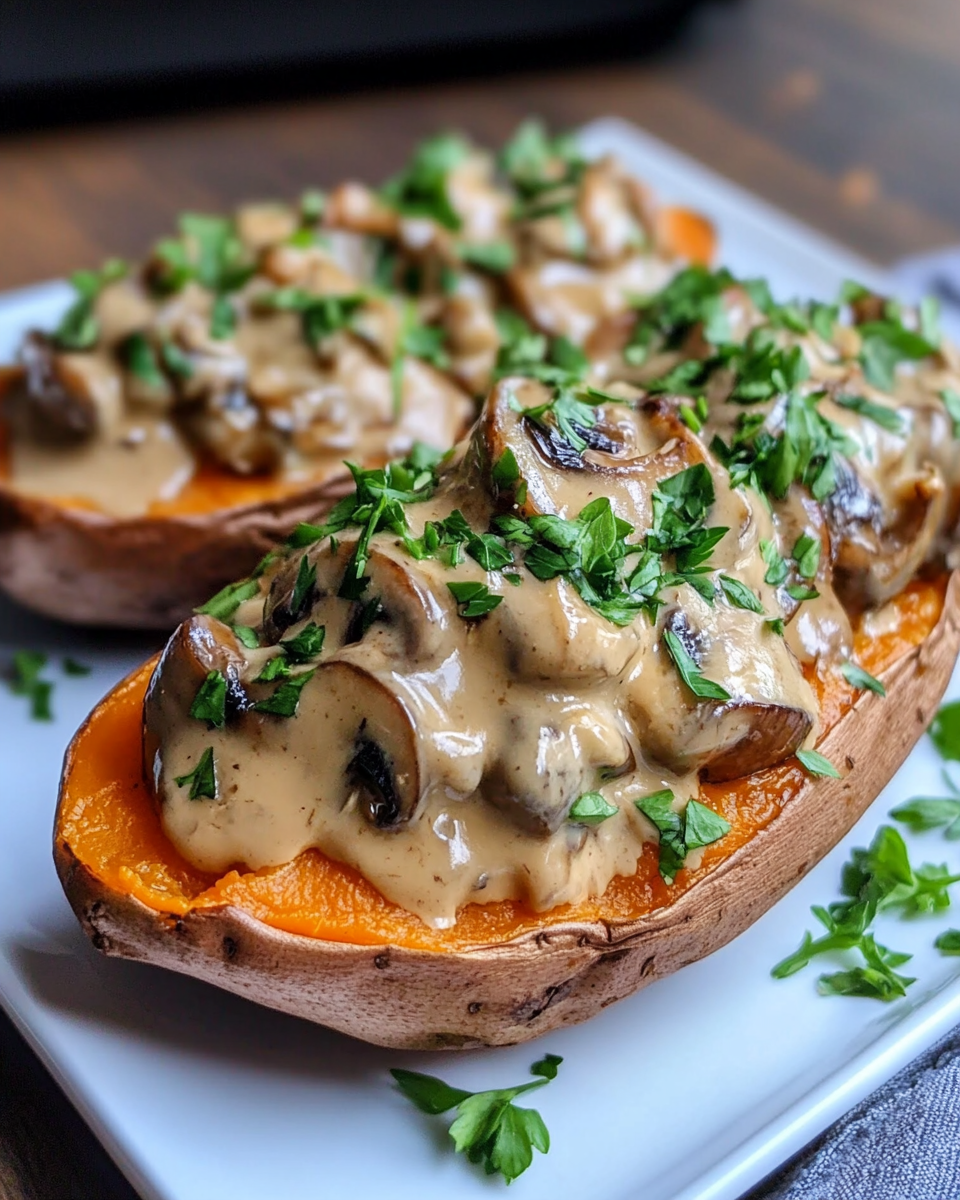 Closeup of creamy mushroom stuffed sweet potatoes on a plate ready to serve