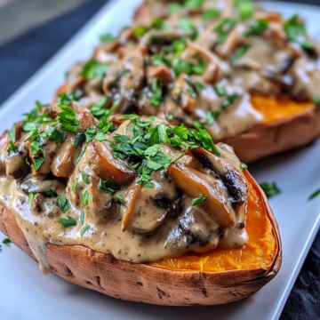 Creamy Mushroom Stuffed Sweet Potatoes Recipe taken with iphone 15 pro max --iw 2 --ar 4:5 --v 6.1 --raw