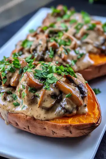 Creamy Mushroom Stuffed Sweet Potatoes Recipe taken with iphone 15 pro max --iw 2 --ar 4:5 --v 6.1 --raw