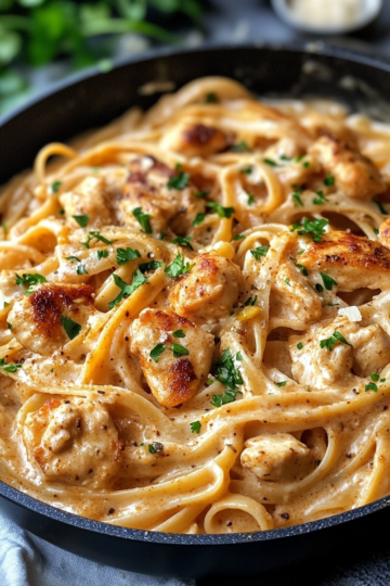 Creamy One Pot Cajun Chicken Linguine With Garlic Parmesan Sauce taken with iphone 15 pro max --iw 2 --ar 4:5 --v 6.1 --raw