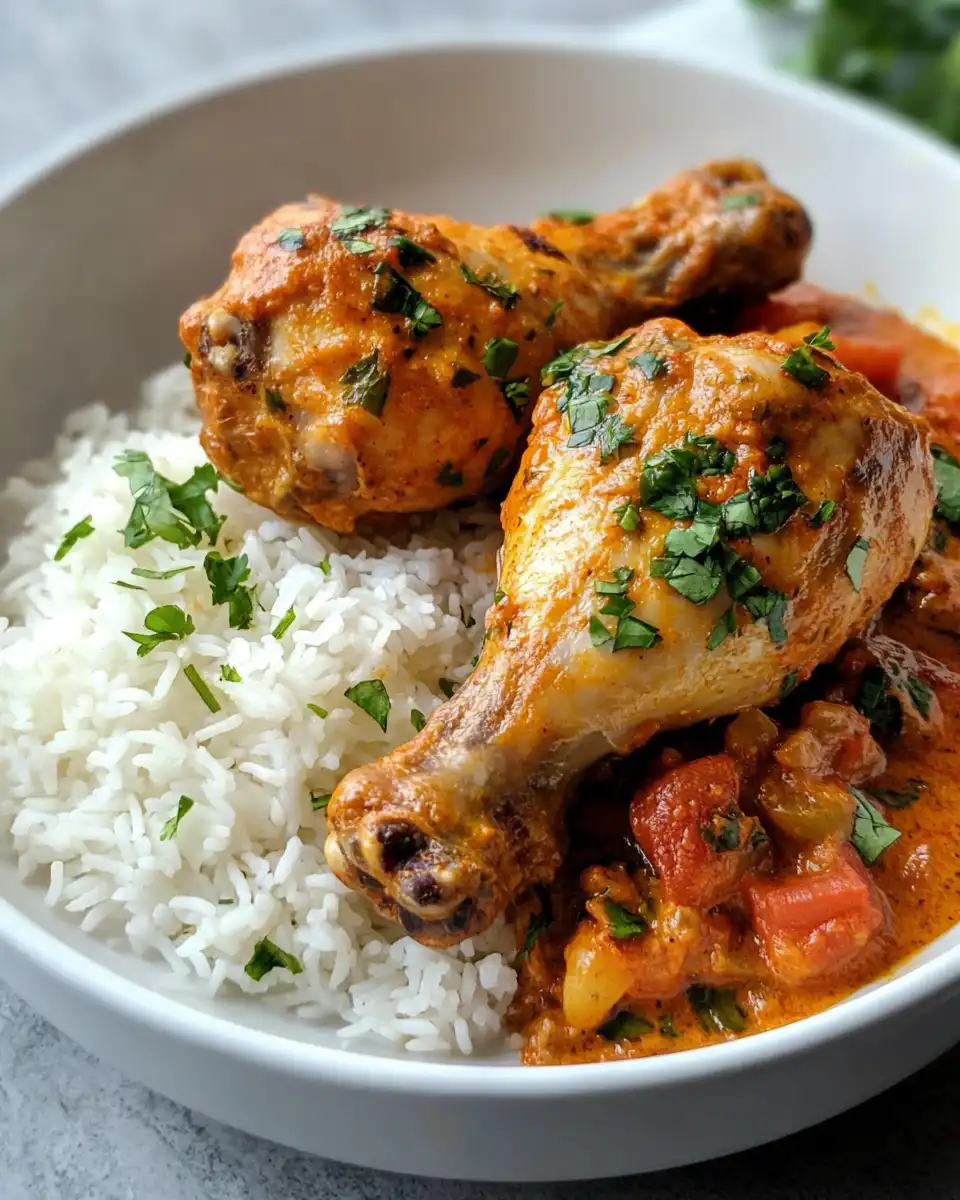 Ingredients and preparation steps for creamy paprika chicken drumsticks and steamed rice