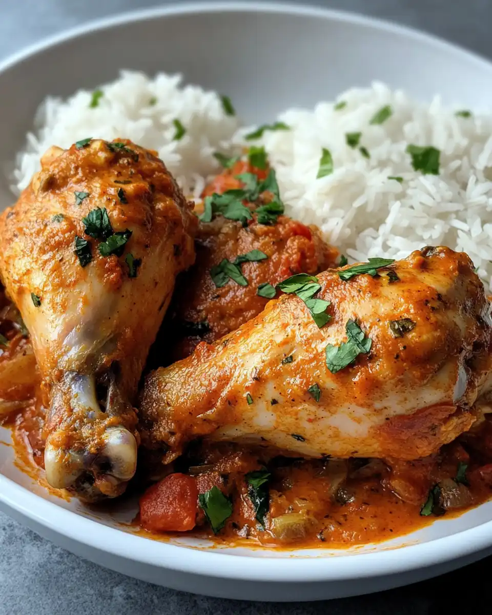 Serving of creamy paprika chicken drumsticks with steamed rice garnished with fresh parsley