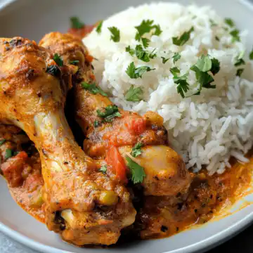 Creamy Paprika Chicken Drumsticks With Steamed Rice taken with iphone 15 pro max --iw 2 --ar 4:5 --v 6.1 --raw