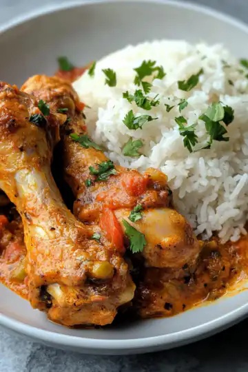 Creamy Paprika Chicken Drumsticks With Steamed Rice taken with iphone 15 pro max --iw 2 --ar 4:5 --v 6.1 --raw