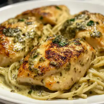 Creamy Pesto Chicken Recipe taken with iphone 15 pro max --iw 2 --ar 4:5 --v 6.1 --raw
