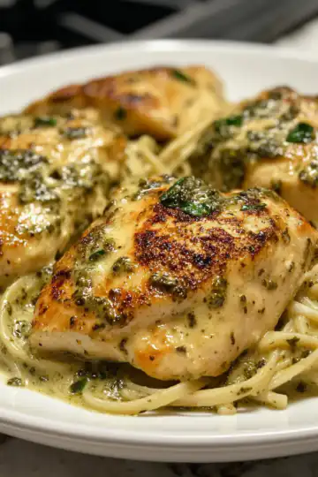 Creamy Pesto Chicken Recipe taken with iphone 15 pro max --iw 2 --ar 4:5 --v 6.1 --raw
