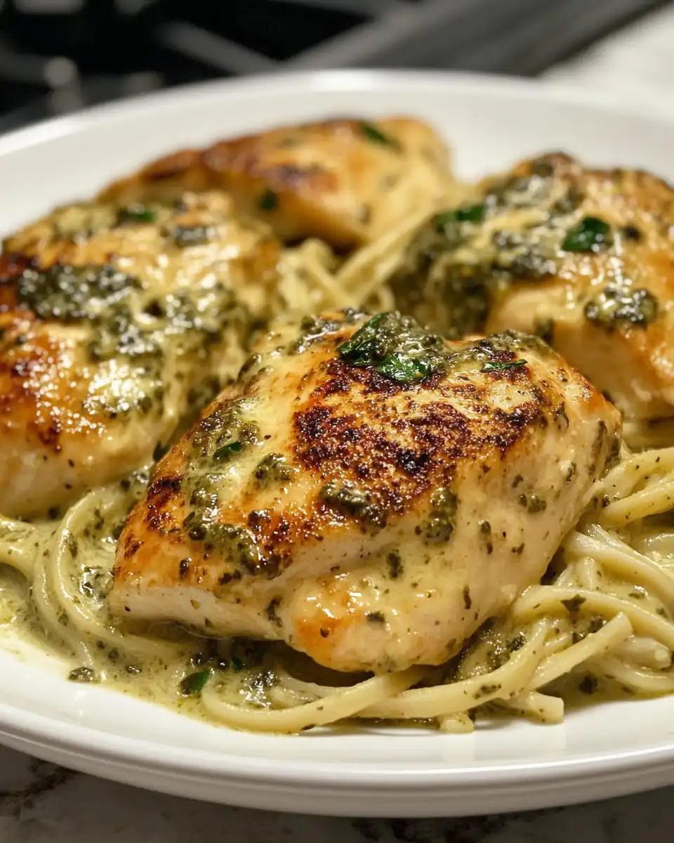 Creamy pesto chicken cooking in pressure cooker with steam rising