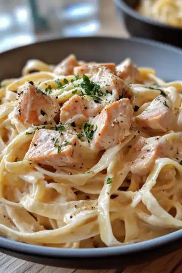 Creamy Salmon Pasta taken with iphone 15 pro max --iw 2 --ar 4:5 --v 6.1 --raw