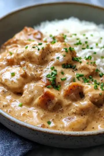 Creamy Smothered Chicken And Rice taken with iphone 15 pro max --iw 2 --ar 4:5 --v 6.1 --raw